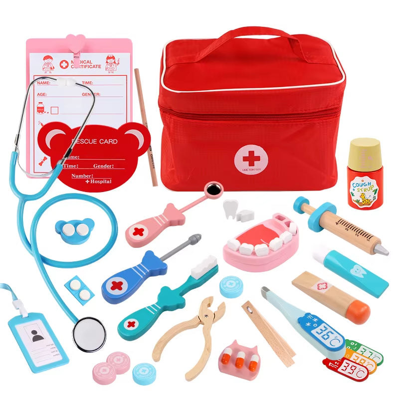 Toys for Children Girl Boy Kids Pretend Play Wood Doctor Toys Red Medical Kit Dentist Medicine Box Sets Cloth Bag Packing Games